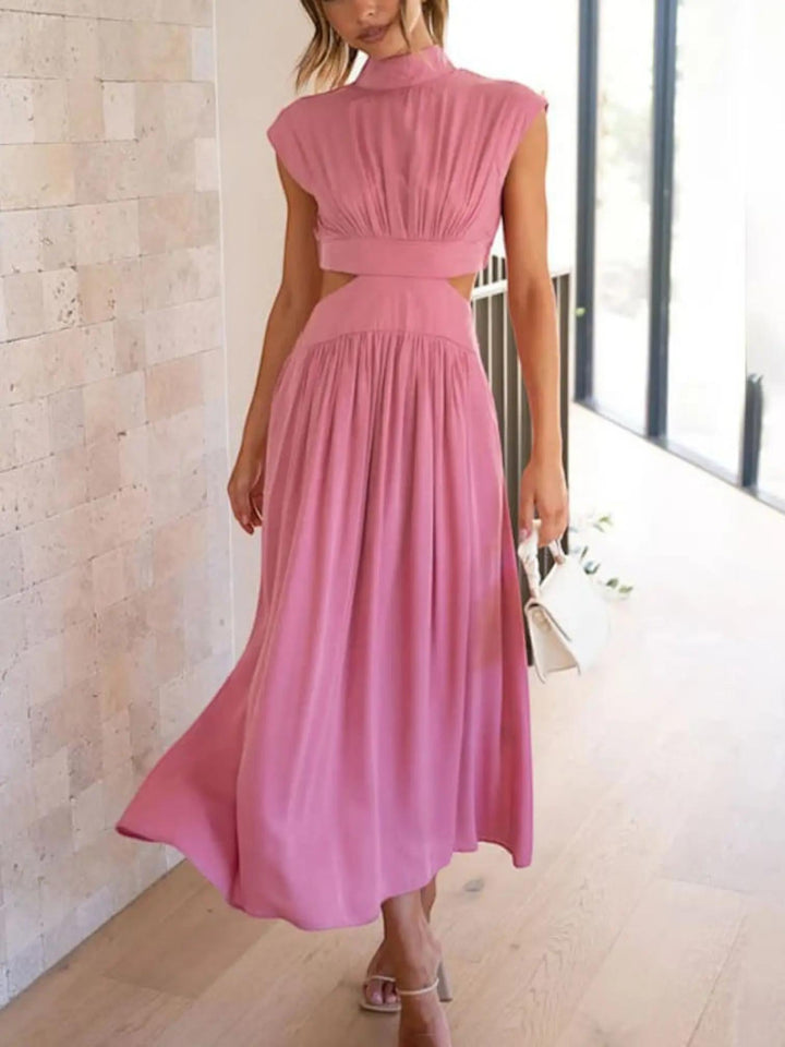 Woman wearing Pink Cutout Midi Dress with relaxed, V-neck | Lunova