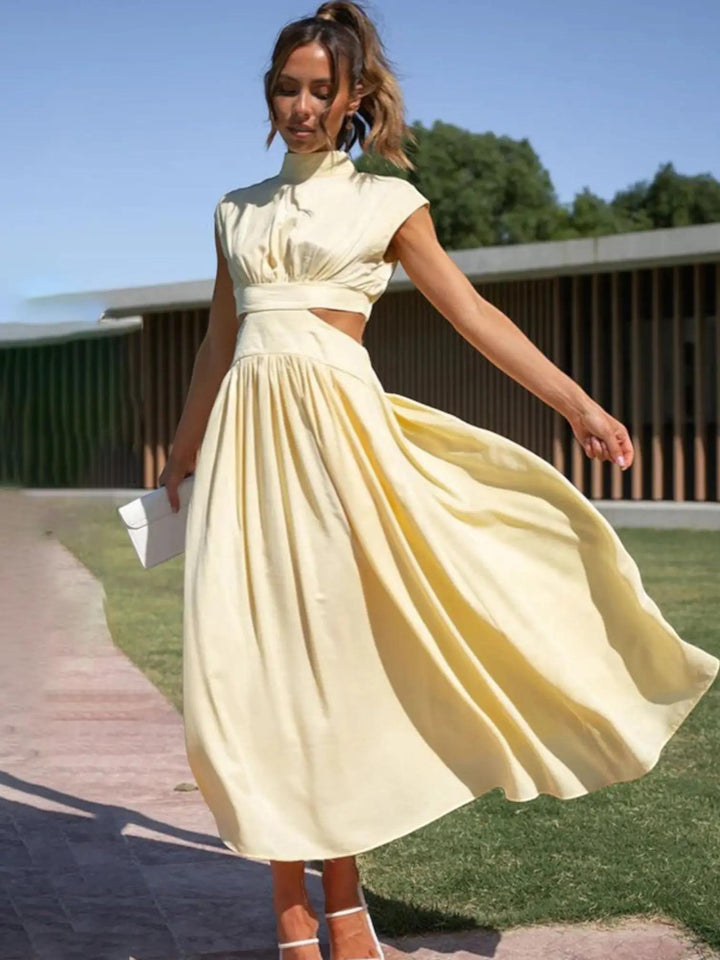 Woman wearing Yellow Cutout Midi Dress with relaxed, V-neck | Lunova