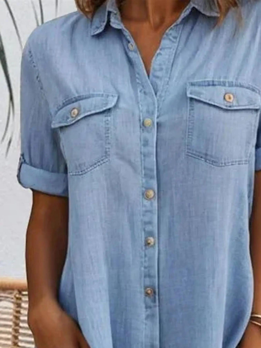 Woman wearing Denim Look Dress with button-front — view 2 | Lunova
