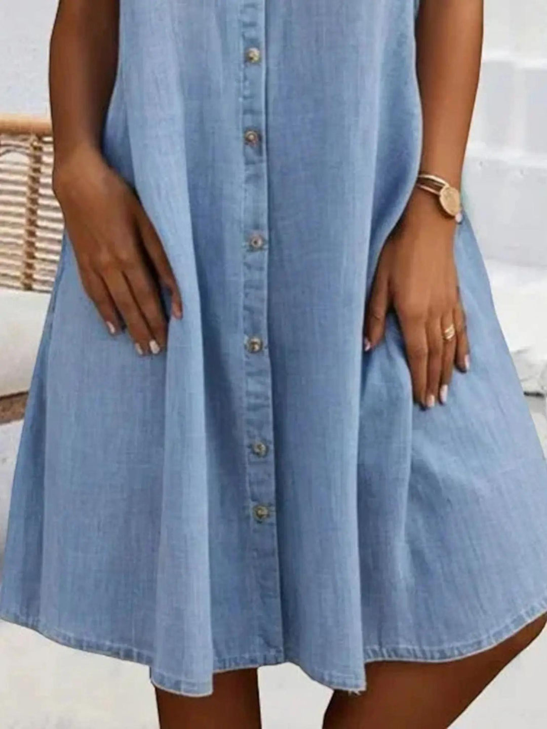 Woman wearing Denim Look Dress with button-front — view 3 | Lunova