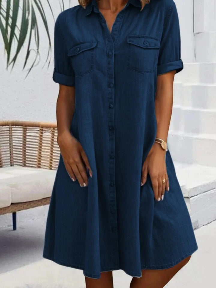 Woman wearing Dark Blue Denim Look Dress with button-front | Lunova
