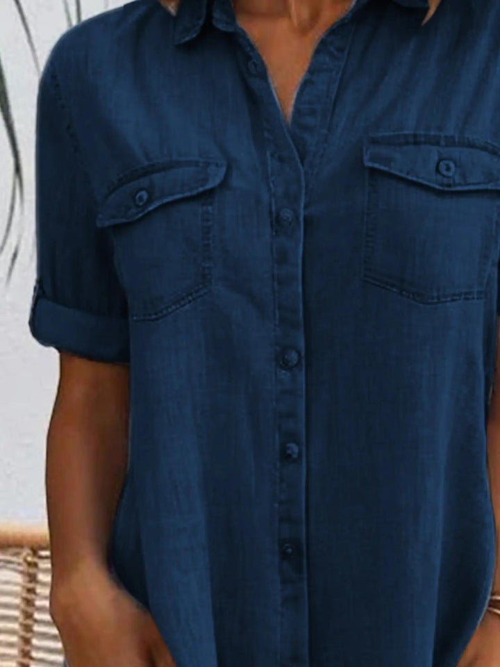 Woman wearing Denim Look Dress with button-front — view 4 | Lunova