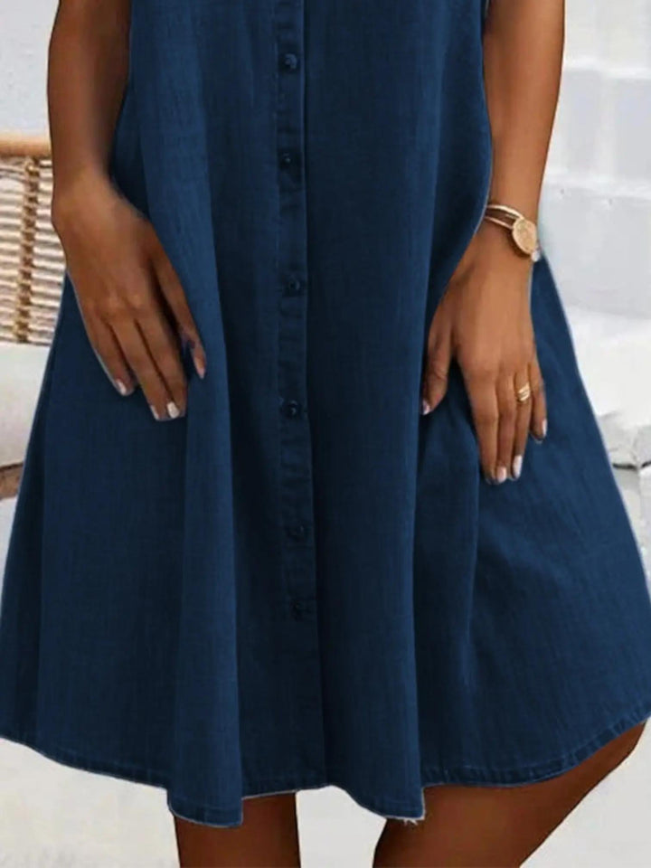 Woman wearing Denim Look Dress with button-front — view 5 | Lunova