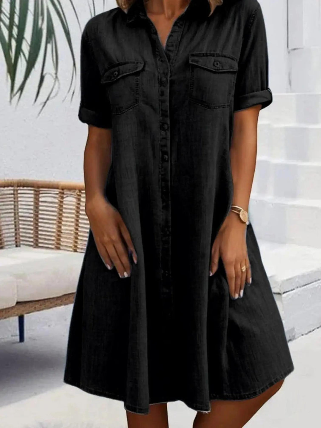 Woman wearing Black Denim Look Dress with button-front | Lunova