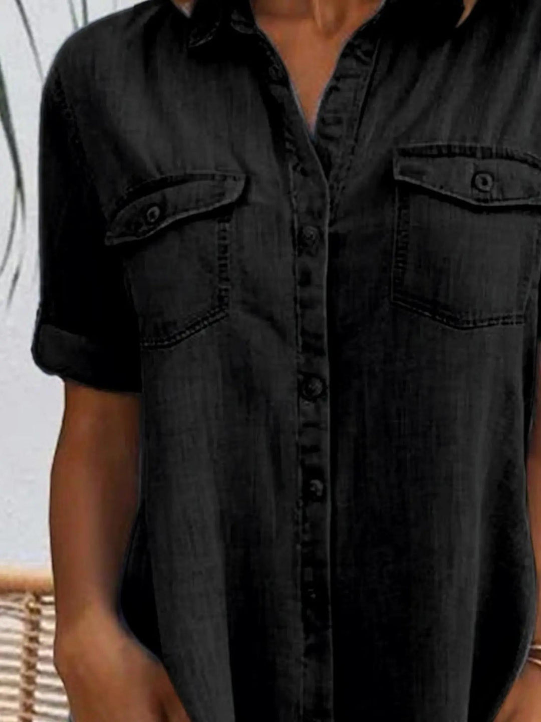 Woman wearing Denim Look Dress with button-front — view 6 | Lunova