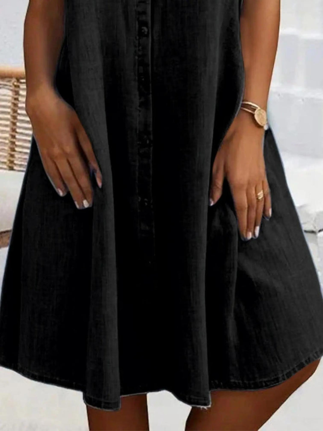Woman wearing Denim Look Dress with button-front — view 7 | Lunova