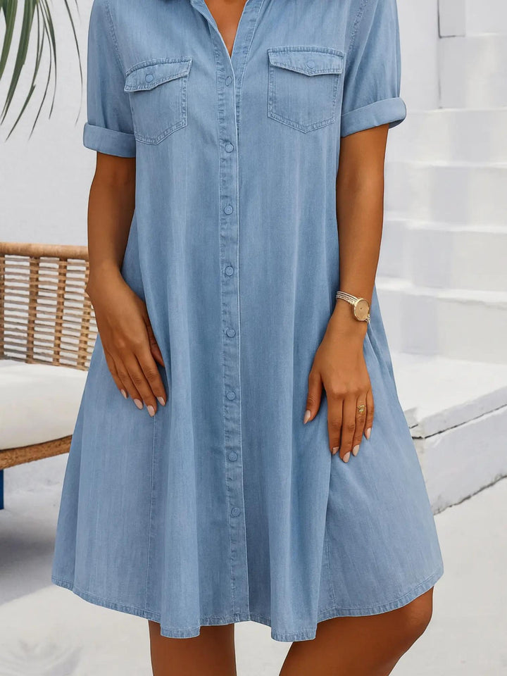 Woman wearing Denim Look Dress with button-front | Lunova
