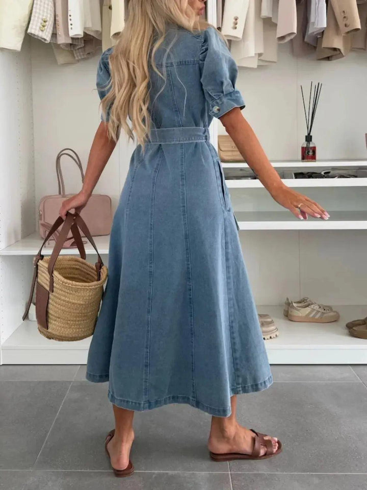 Woman wearing Denim Maxi Dress with button-front, relaxed — view 2 | Lunova