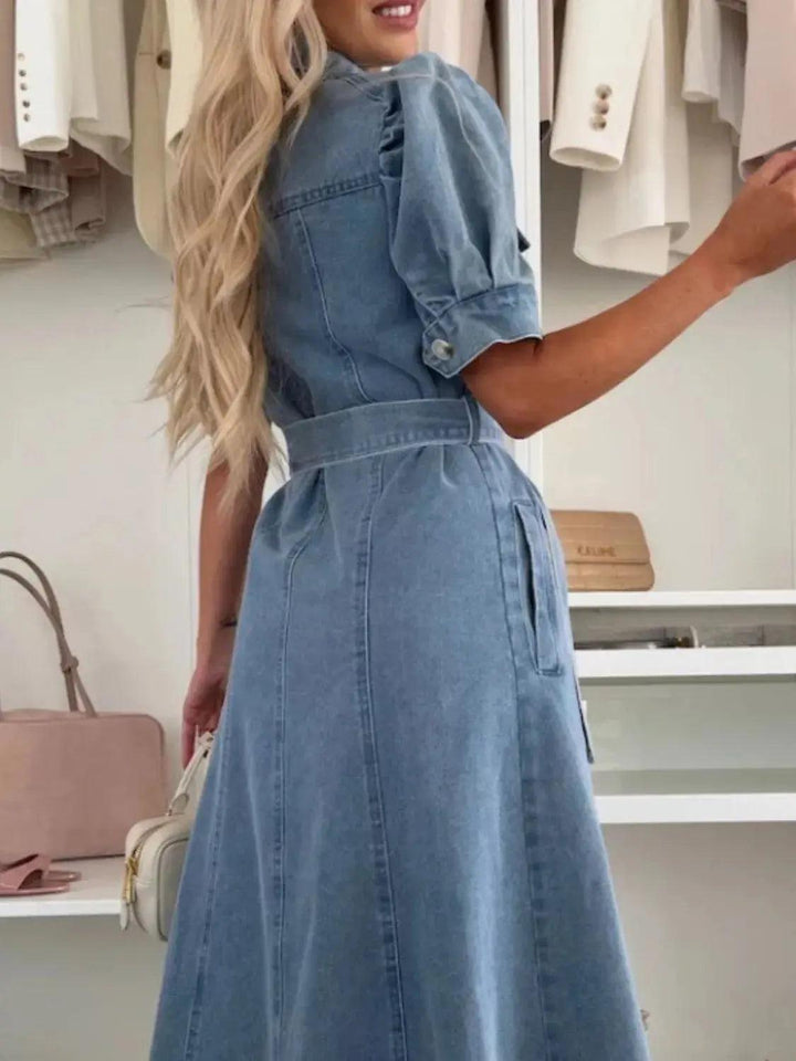 Woman wearing Denim Maxi Dress with button-front, relaxed — view 3 | Lunova