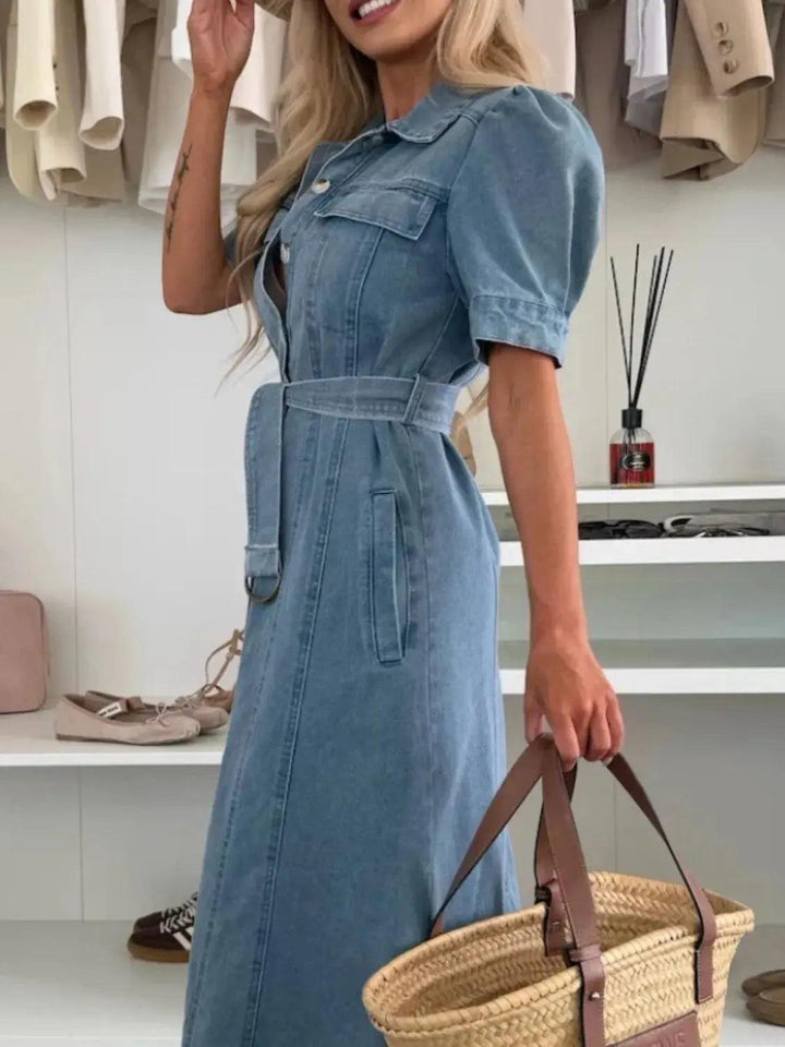 Woman wearing Denim Maxi Dress with button-front, relaxed — view 4 | Lunova