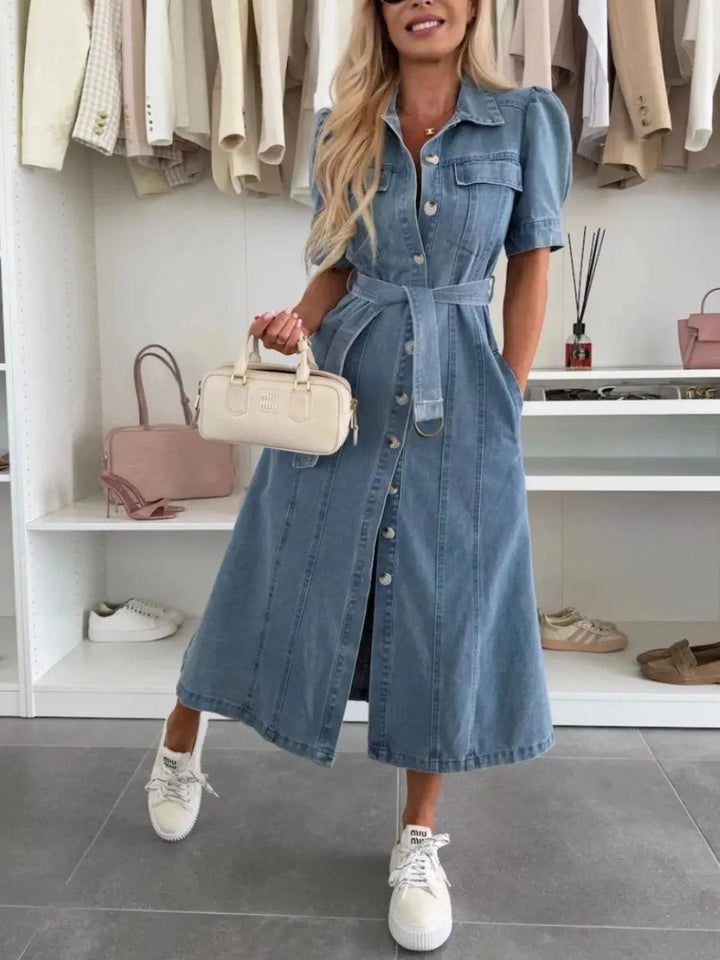 Woman wearing Denim Maxi Dress with button-front, relaxed — view 6 | Lunova