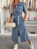 Woman wearing Denim Maxi Dress with button-front, relaxed | Lunova