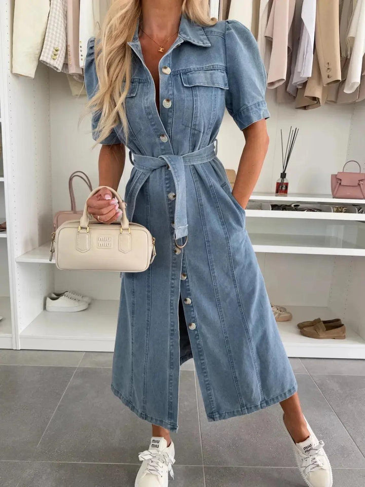 Woman wearing Denim Maxi Dress with button-front, relaxed | Lunova