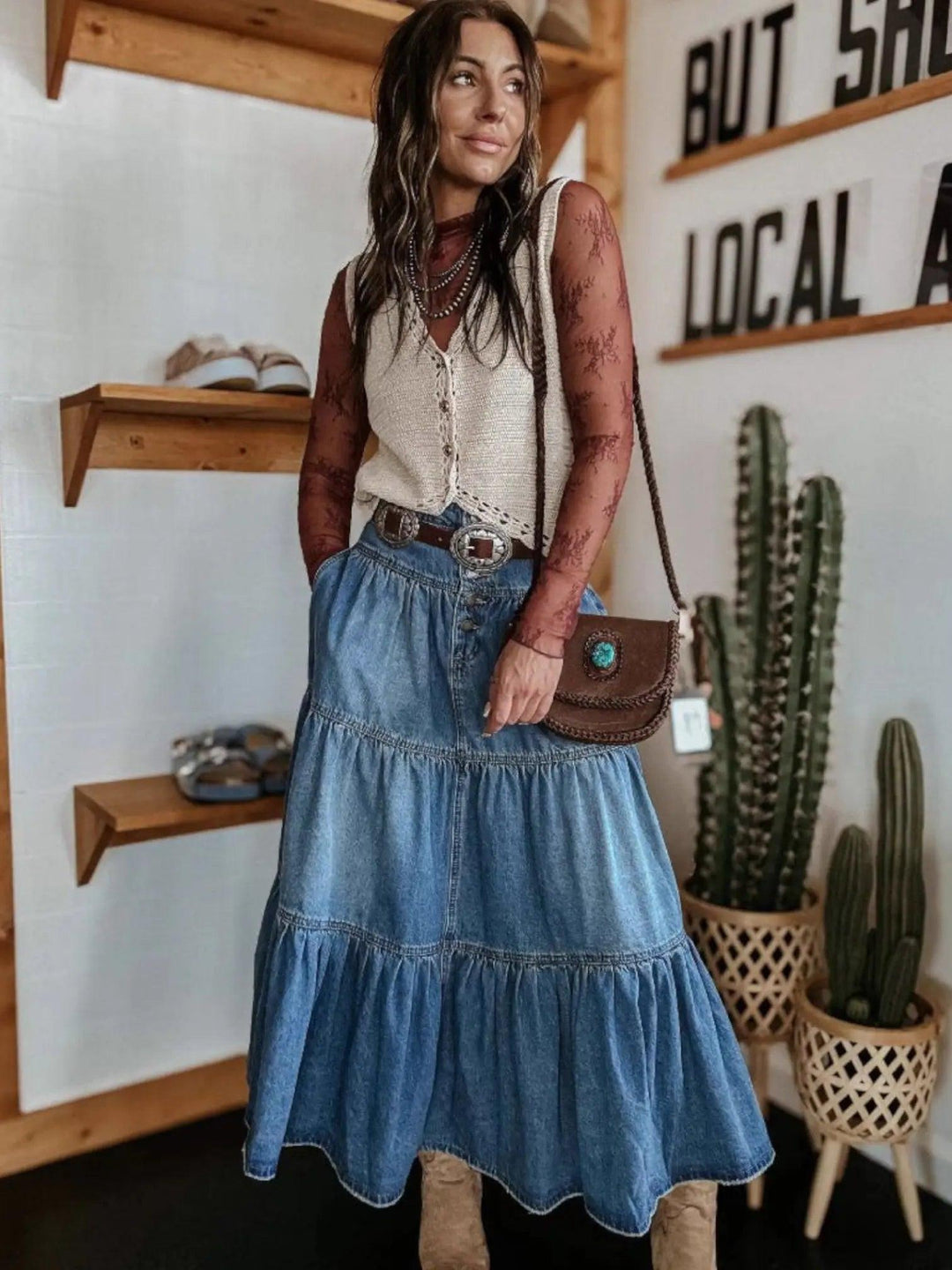 Woman wearing Denim Maxi Skirt with A-line, tiered — view 3 | Lunova