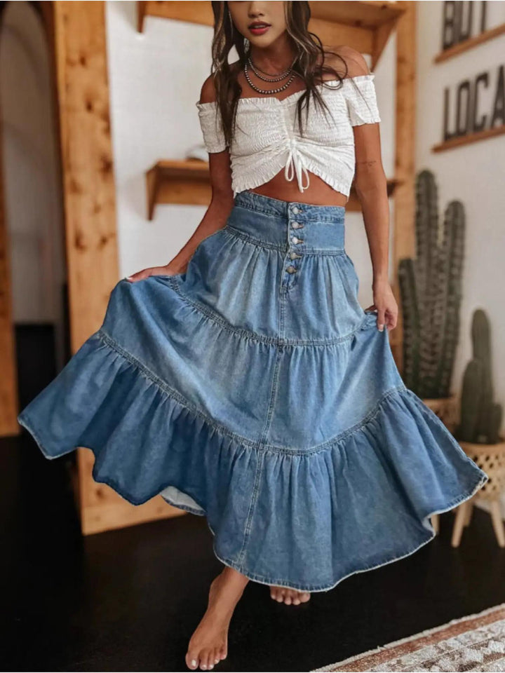 Woman wearing Denim Maxi Skirt with A-line, tiered | Lunova