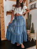 Woman wearing Denim Maxi Skirt with A-line, tiered | Lunova