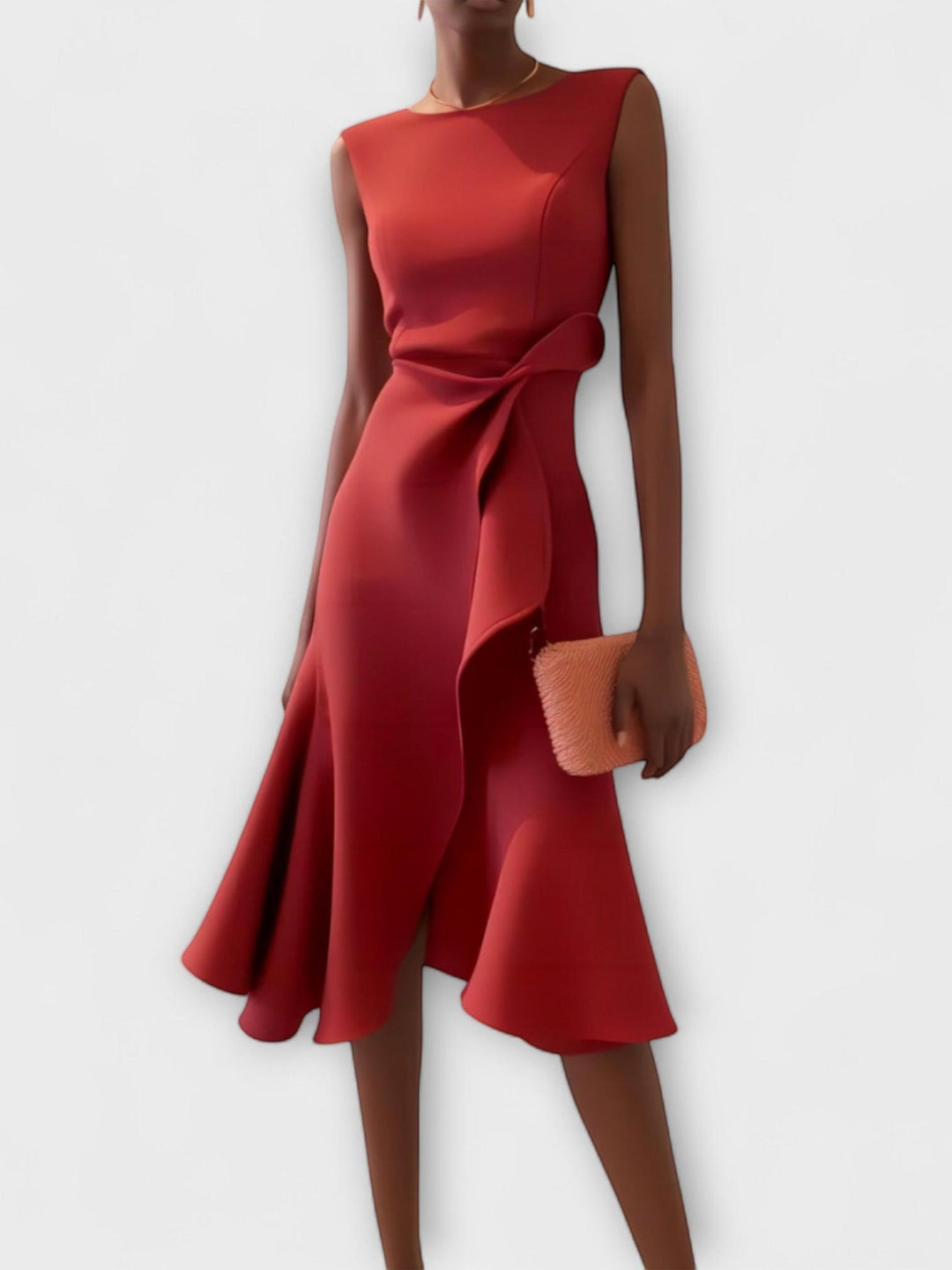 Woman wearing Red Draped Midi Dress | Lunova