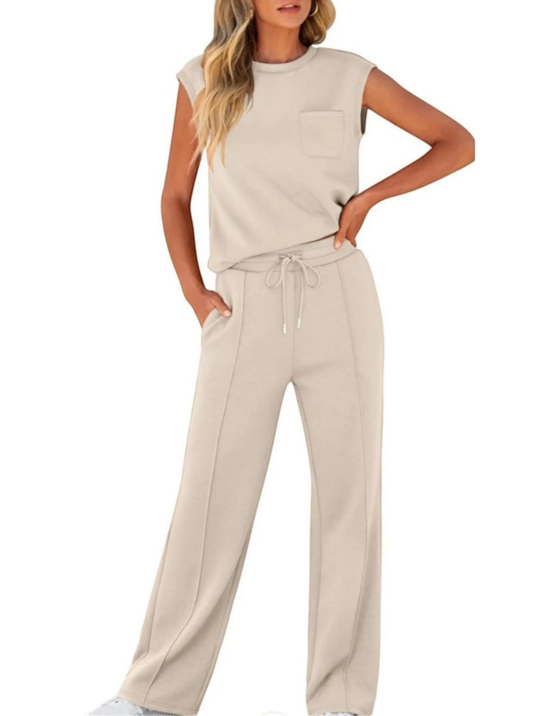 Woman wearing Apricot Drawstring Lounge Set with drawstring, relaxed | Lunova