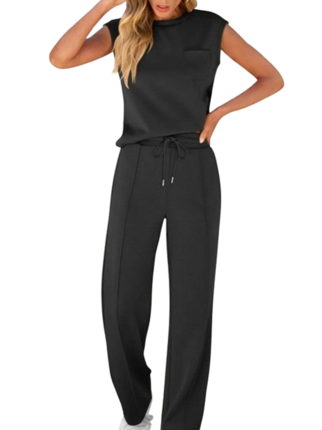 Woman wearing Black Drawstring Lounge Set with drawstring, relaxed | Lunova
