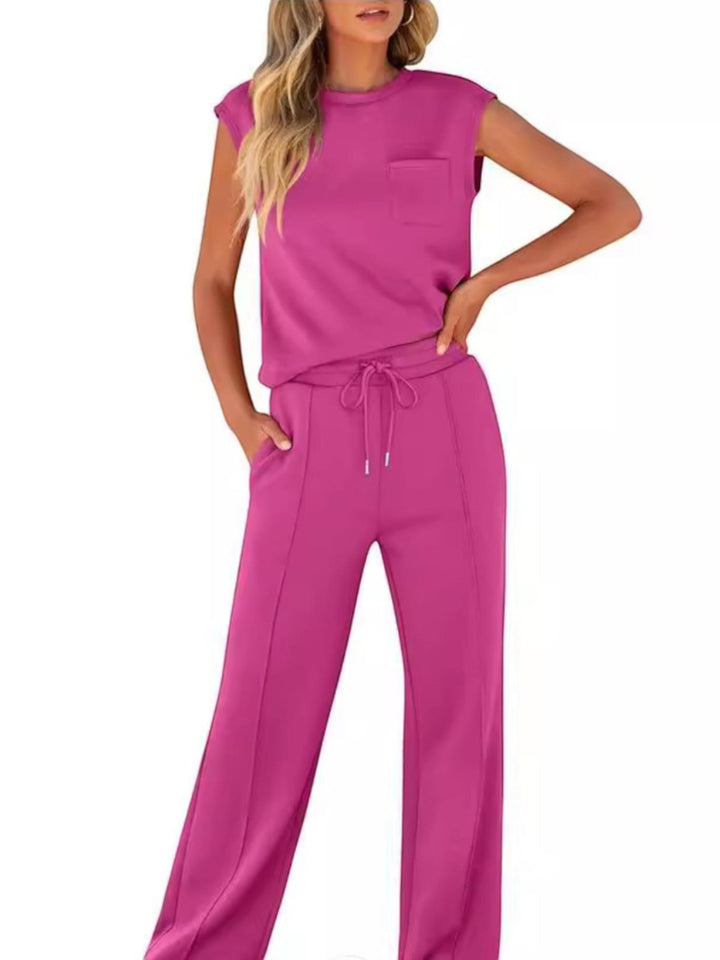 Woman wearing Red Drawstring Lounge Set with drawstring, relaxed | Lunova