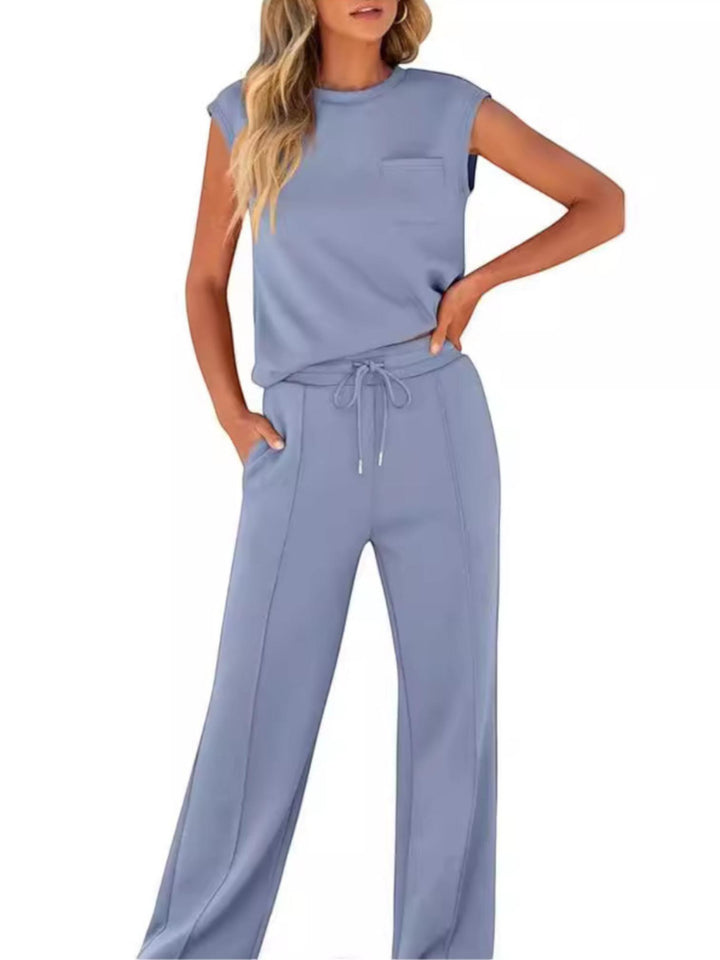 Woman wearing Light Blue Drawstring Lounge Set with drawstring, relaxed | Lunova