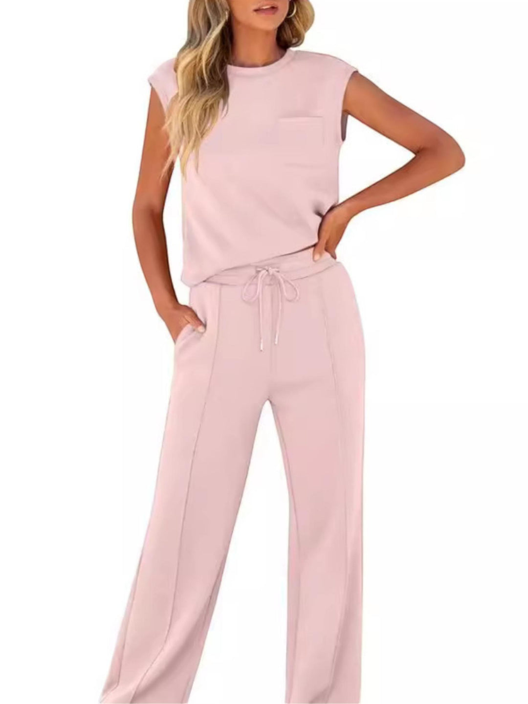 Woman wearing Pink Drawstring Lounge Set with drawstring, relaxed | Lunova