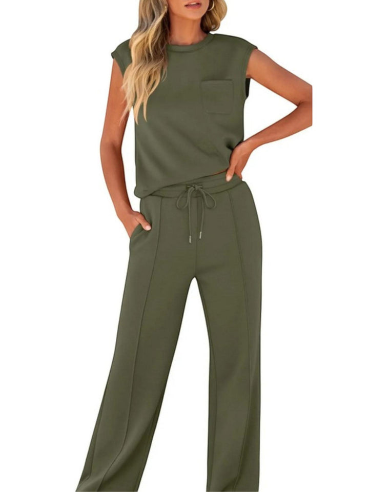 Woman wearing Army Green Drawstring Lounge Set with drawstring, relaxed | Lunova