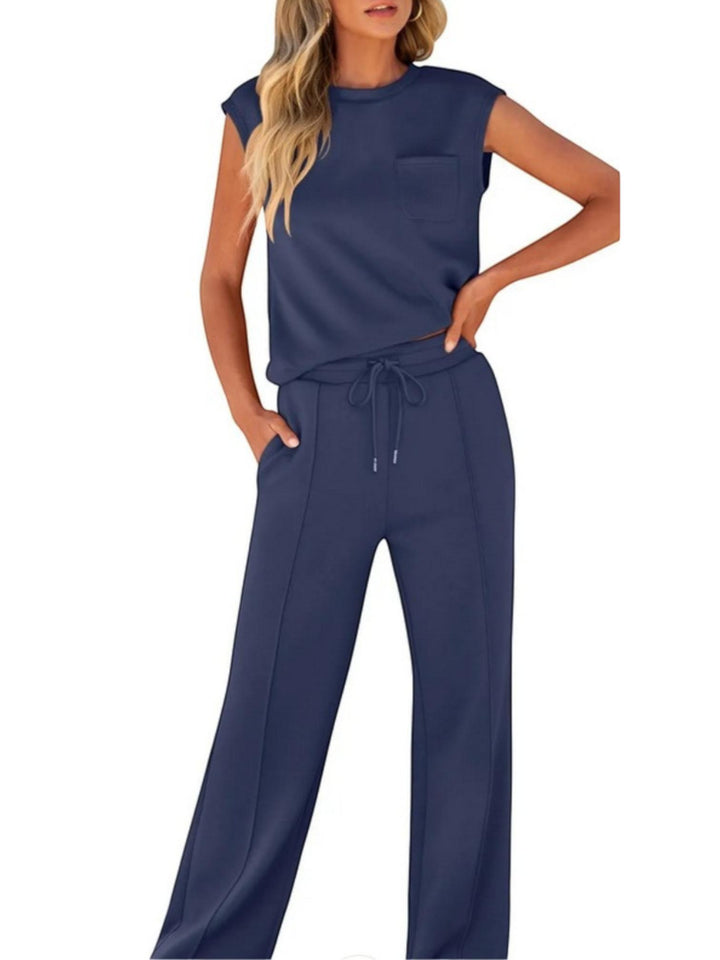 Woman wearing Navy Drawstring Lounge Set with drawstring, relaxed | Lunova