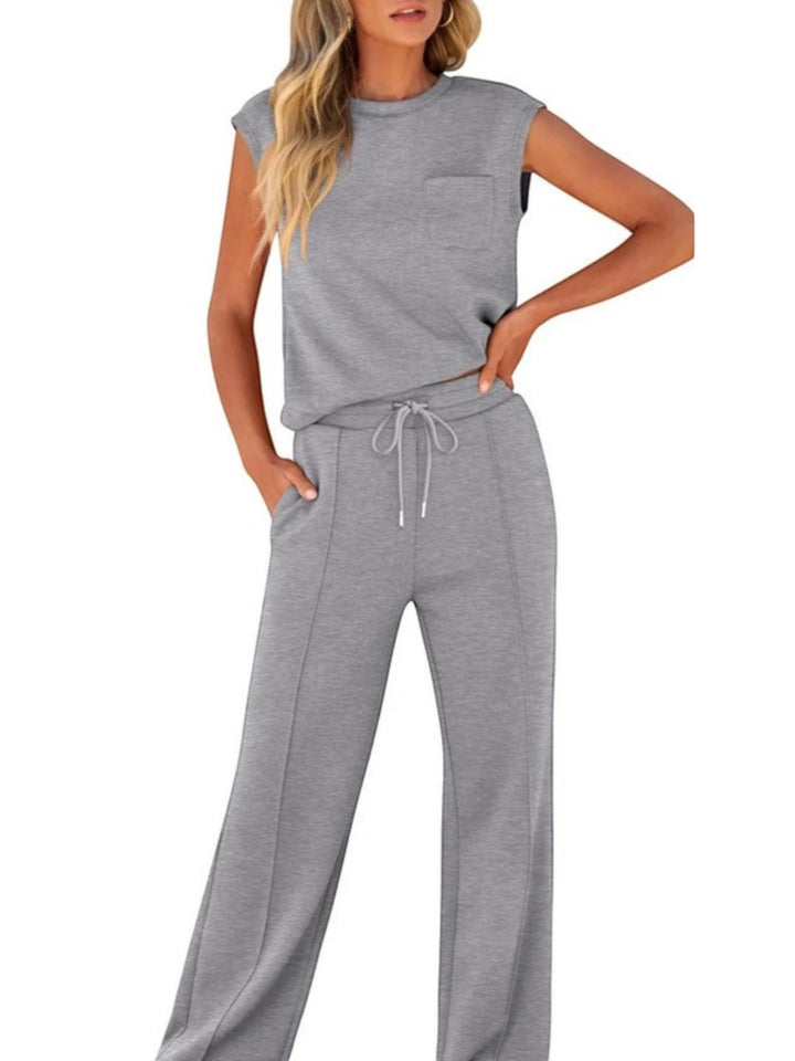 Woman wearing Grey Drawstring Lounge Set with drawstring, relaxed | Lunova