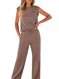Woman wearing Brown Drawstring Lounge Set with drawstring, relaxed | Lunova
