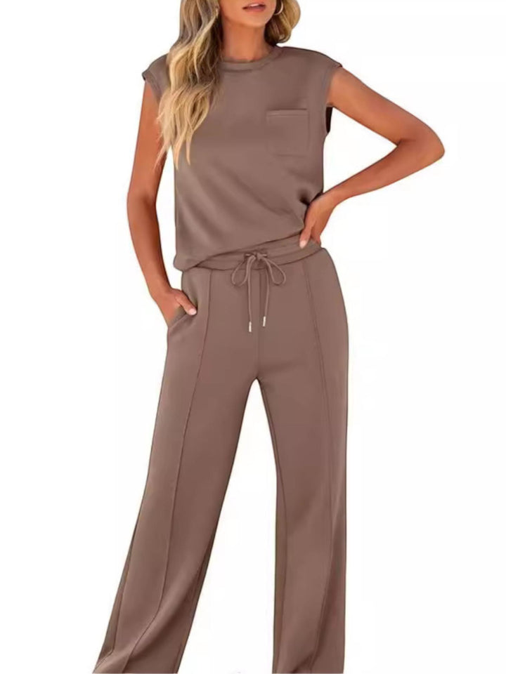 Woman wearing Brown Drawstring Lounge Set with drawstring, relaxed | Lunova