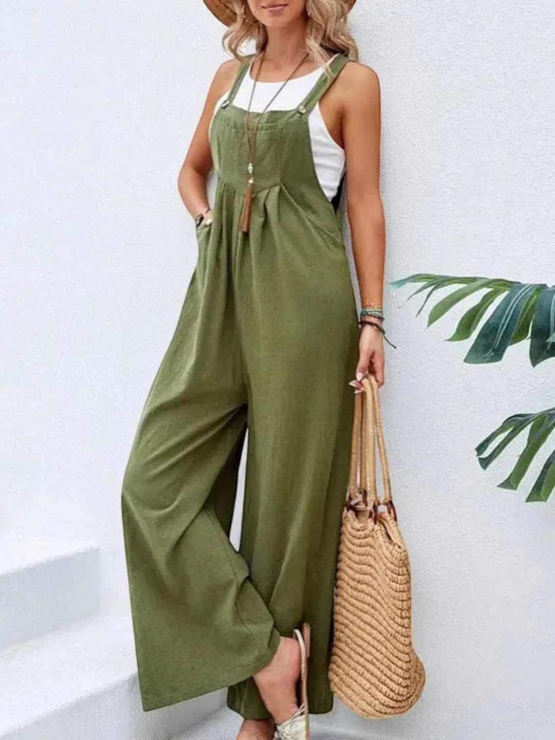 Woman wearing Army Green Flare Leg Jumpsuit Overall with drawstring, relaxed | Lunova