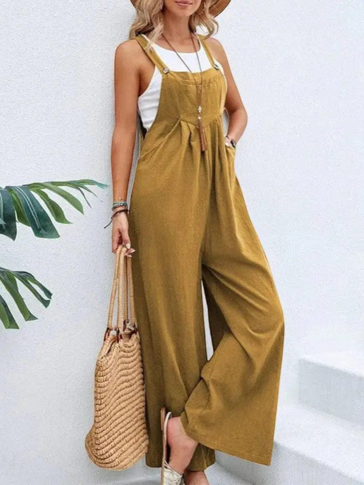 Woman wearing Yellow Flare Leg Jumpsuit Overall with drawstring, relaxed | Lunova