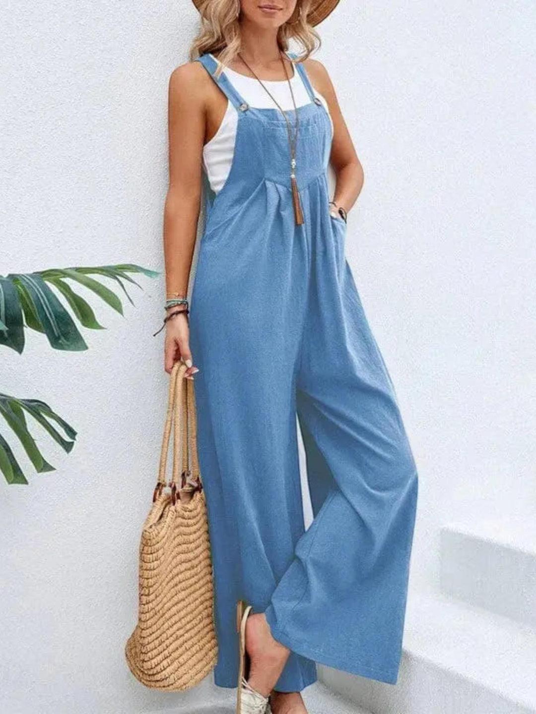 Woman wearing Light Blue Flare Leg Jumpsuit Overall with drawstring, relaxed | Lunova