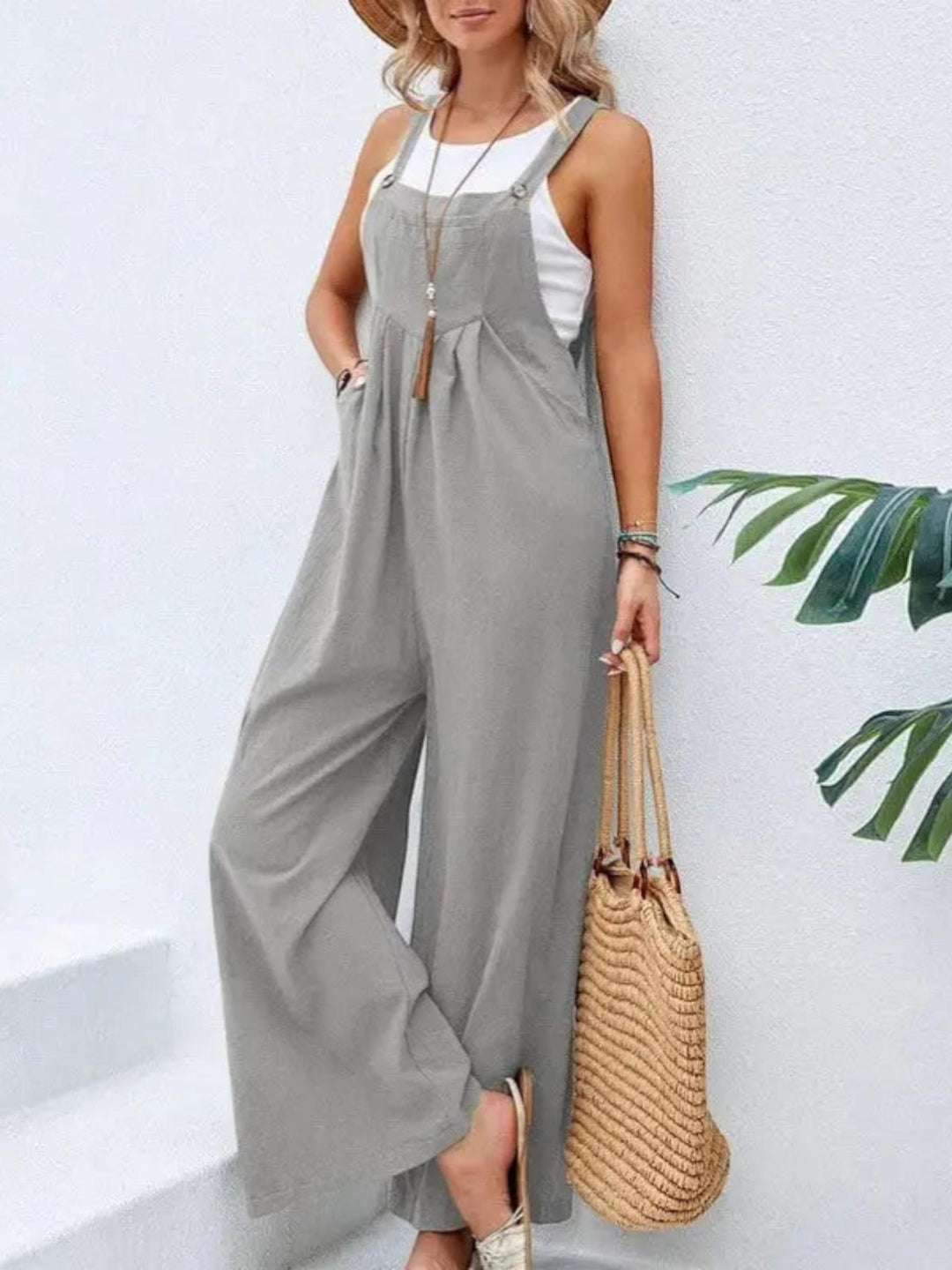 Woman wearing Grey Flare Leg Jumpsuit Overall with drawstring, relaxed | Lunova