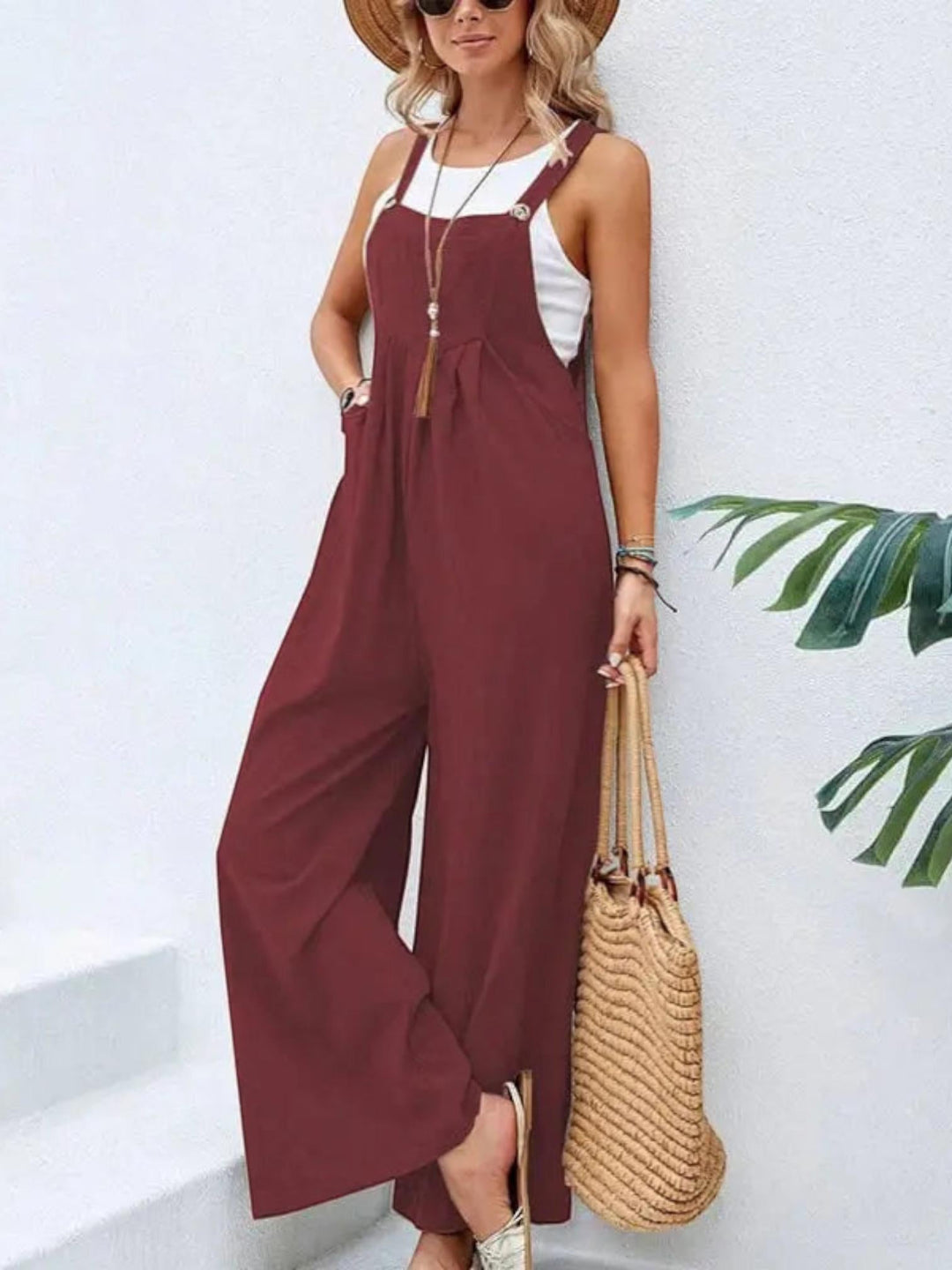 Woman wearing Wine Red Flare Leg Jumpsuit Overall with drawstring, relaxed | Lunova