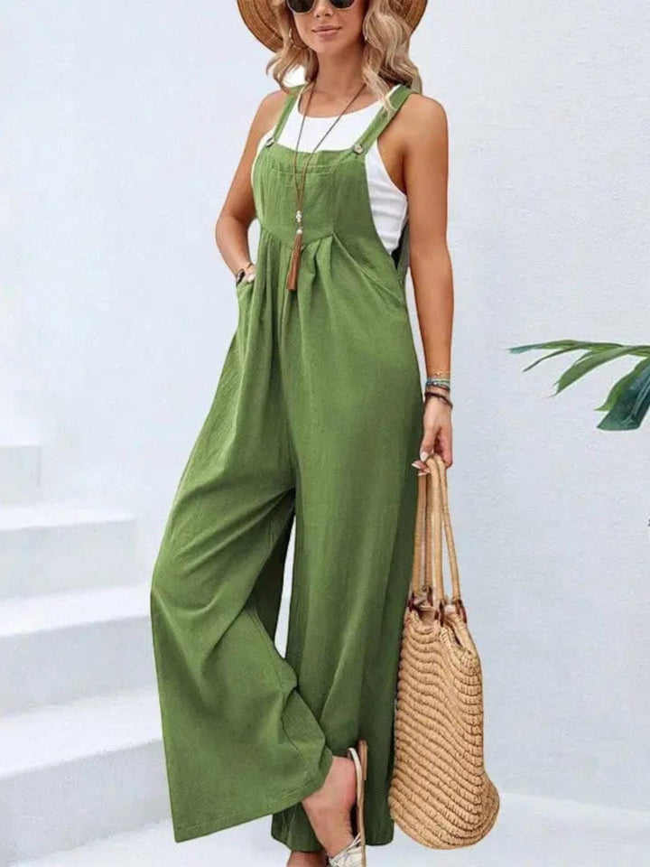 Woman wearing Flare Leg Jumpsuit Overall with drawstring, relaxed | Lunova