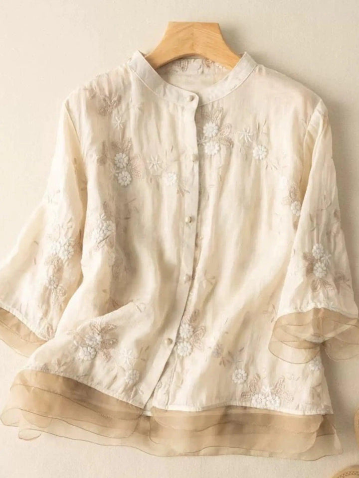 Woman wearing Beige Floral Blouse with relaxed | Lunova