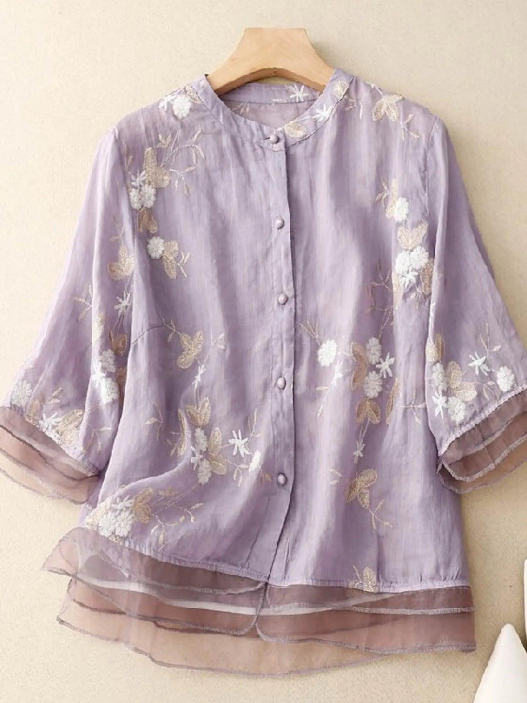 Woman wearing Purple Floral Blouse with relaxed | Lunova
