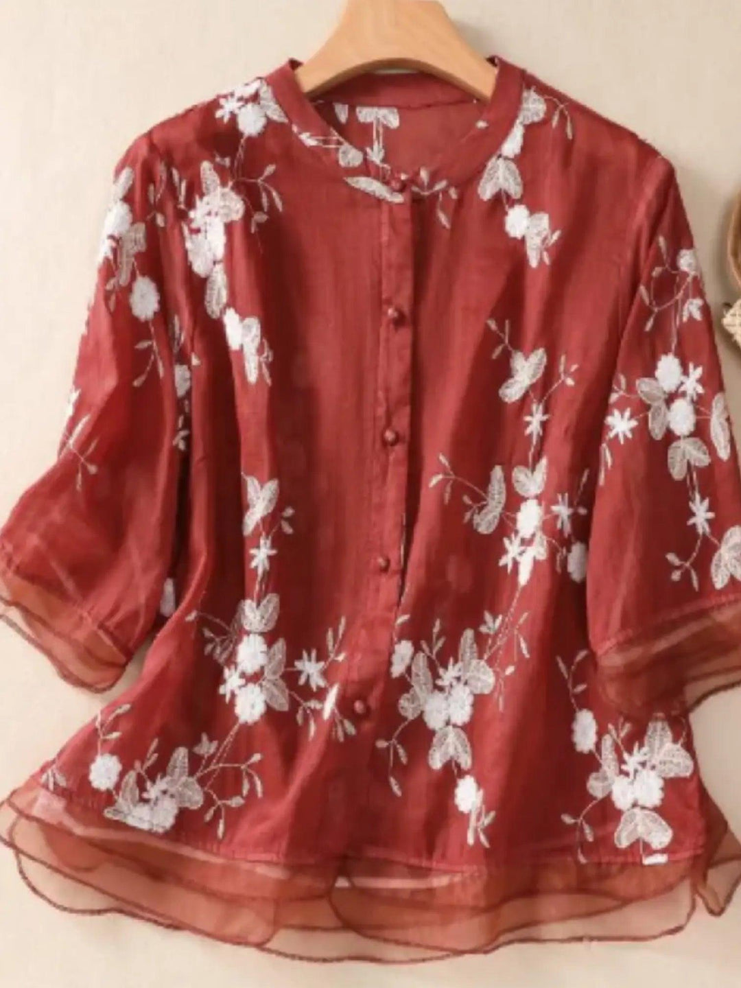 Woman wearing Red Floral Blouse with relaxed | Lunova