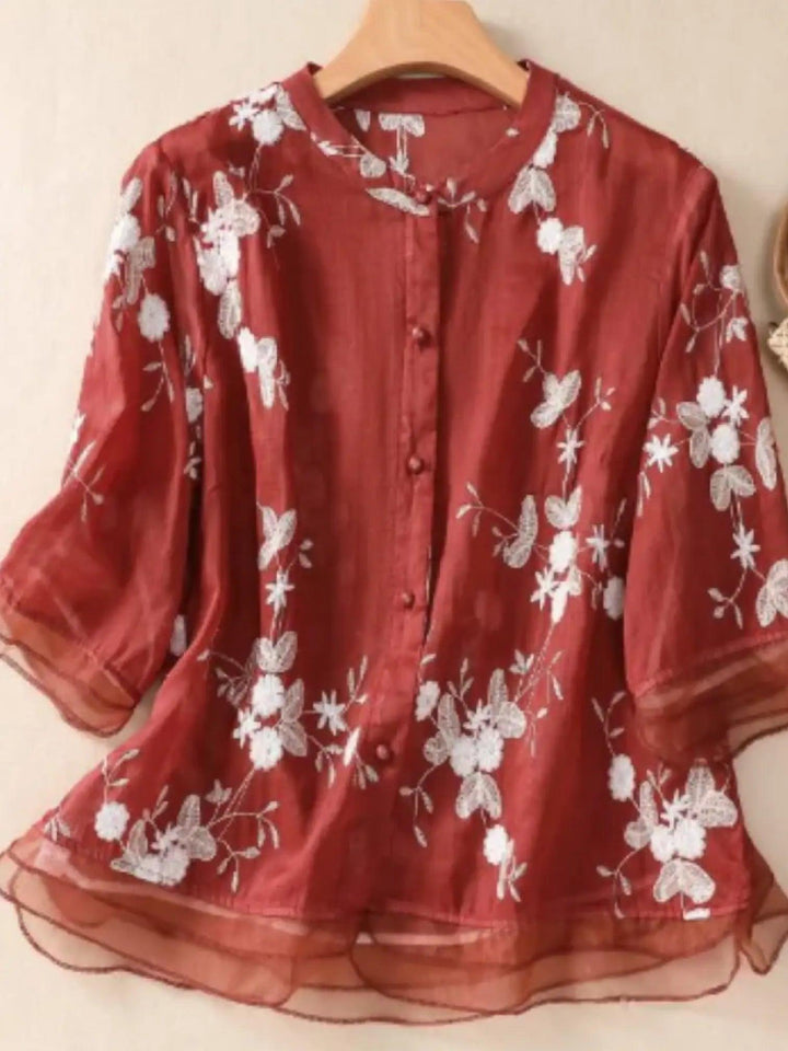 Woman wearing Red Floral Blouse with relaxed | Lunova