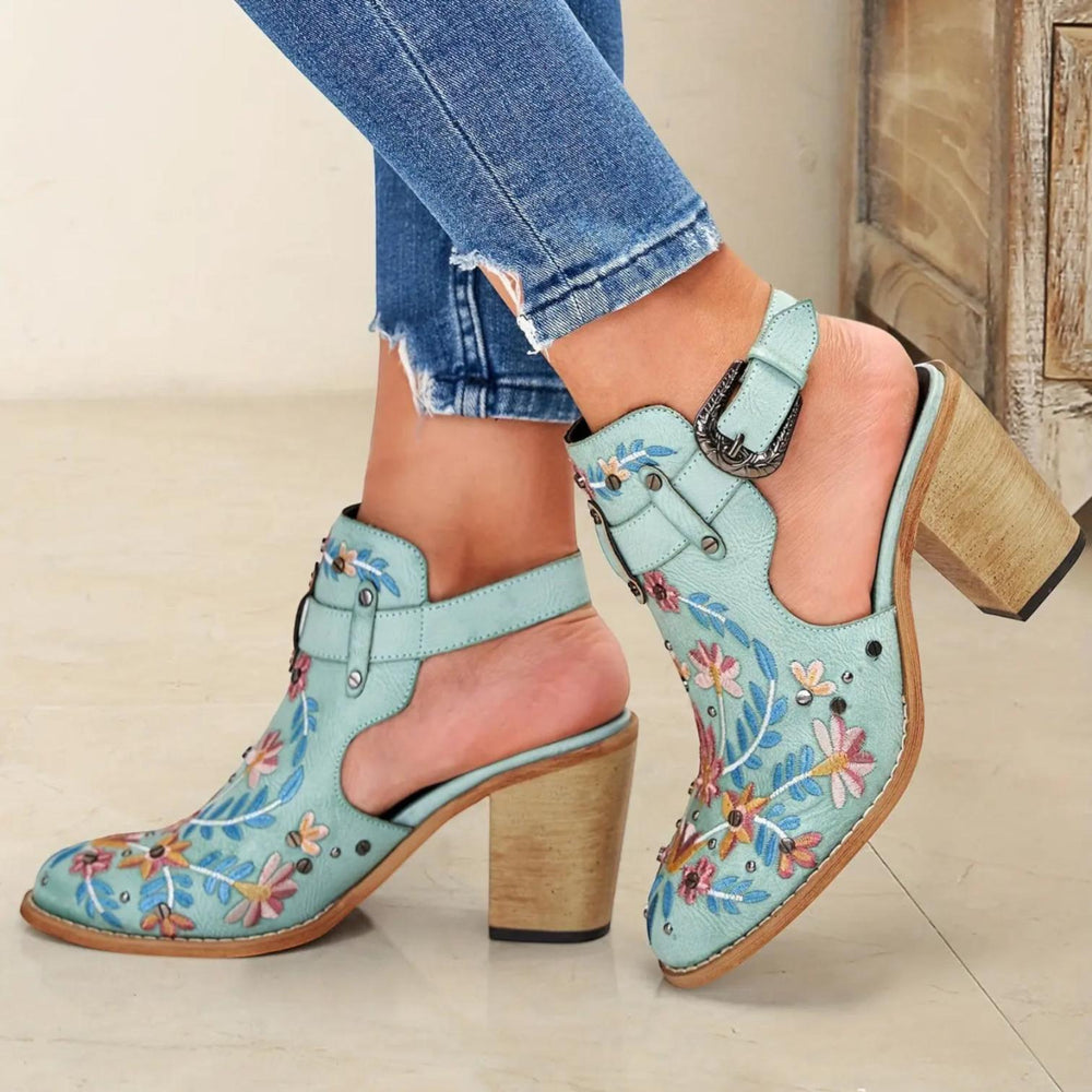 Floral Buckle Heeled Sandals-Lunova Fashion