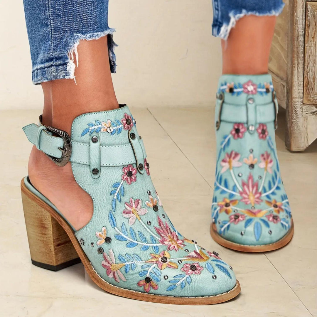 Floral Buckle Heeled Sandals-Lunova Fashion