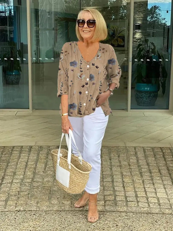 Woman wearing Khaki Floral Button Blouse with button-front, relaxed | Lunova