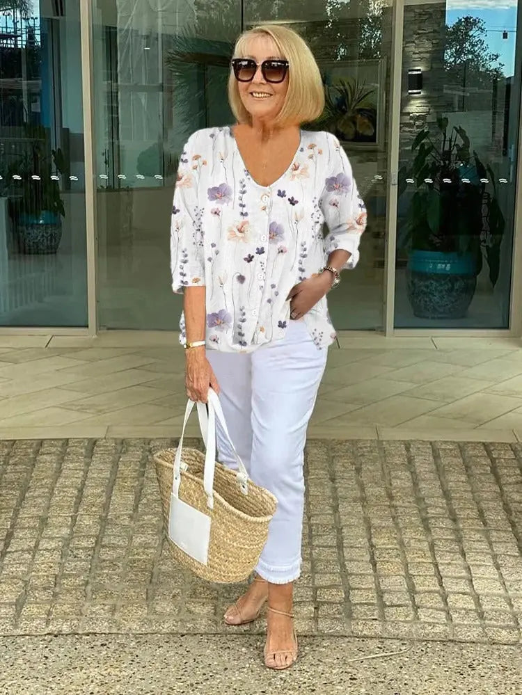 Woman wearing White Floral Button Blouse with button-front, relaxed | Lunova