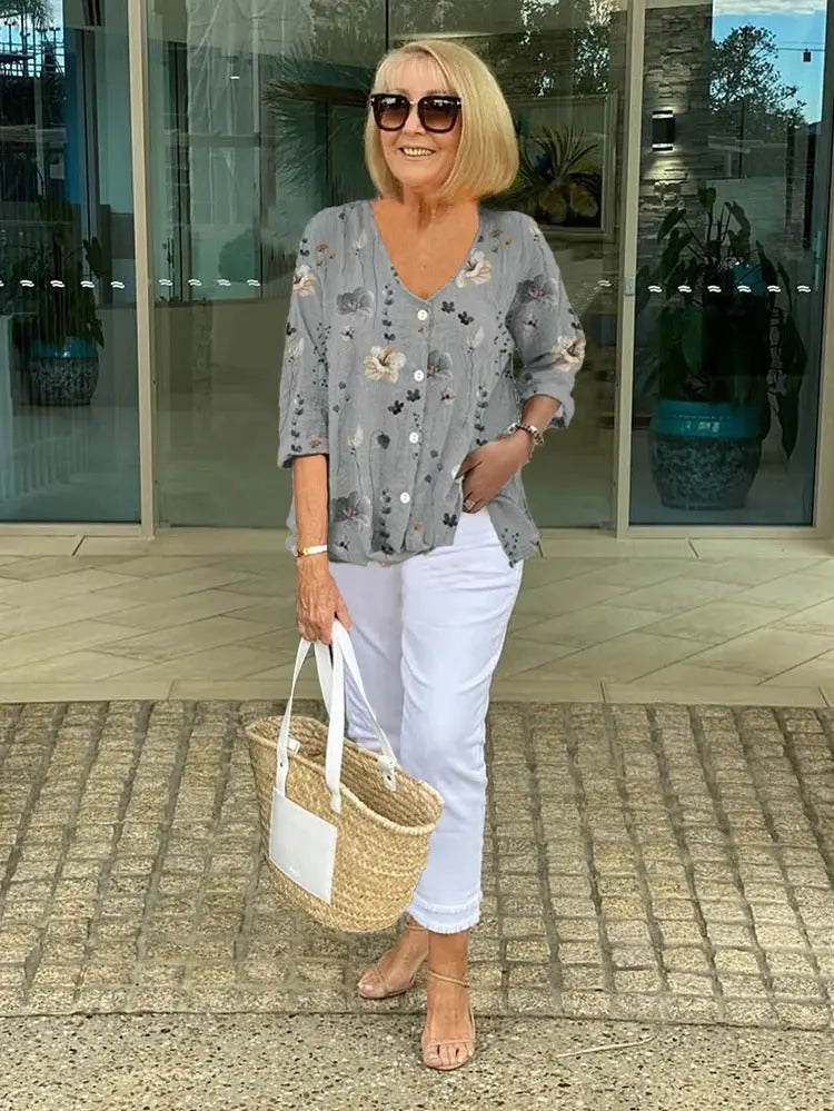 Woman wearing Grey Floral Button Blouse with button-front, relaxed | Lunova