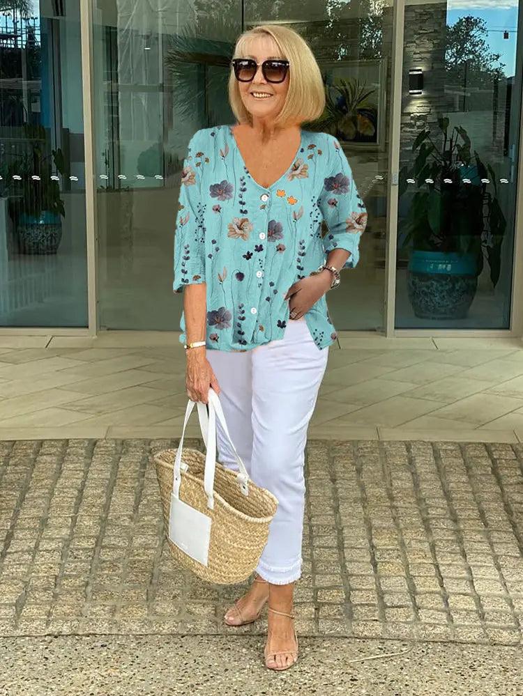 Floral Button Blouse-Lunova Fashion