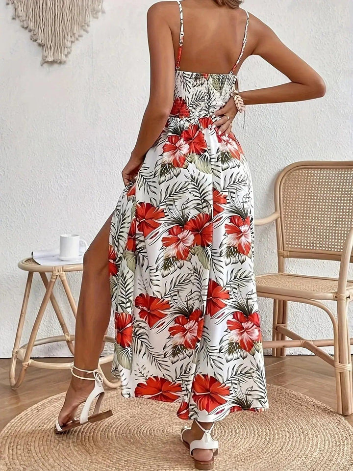 Woman wearing Floral Maxi Dress with V-neck, lace — view 8 | Lunova