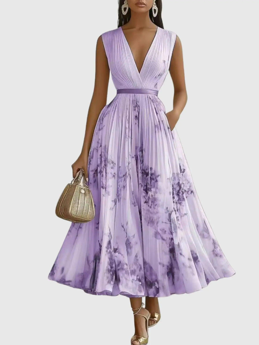 Woman wearing Purple Floral Maxi Dress with A-line, flowing | Lunova