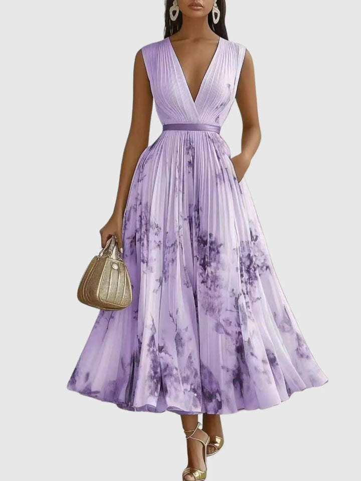 Woman wearing Purple Floral Maxi Dress with A-line, flowing | Lunova